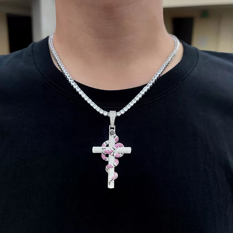Snake Wrapped Cross Diamond Pendant