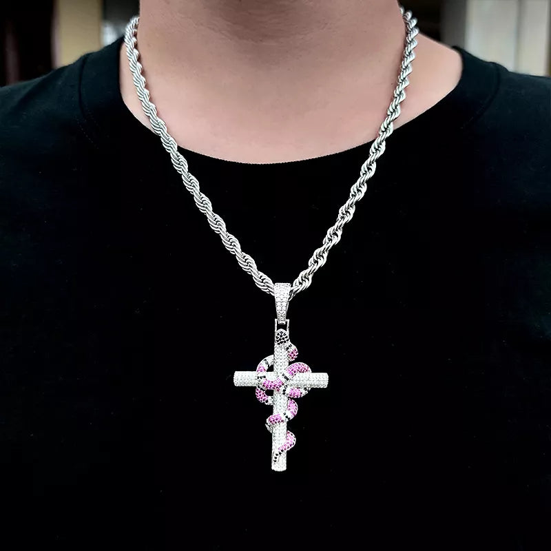 Snake Wrapped Cross Diamond Pendant
