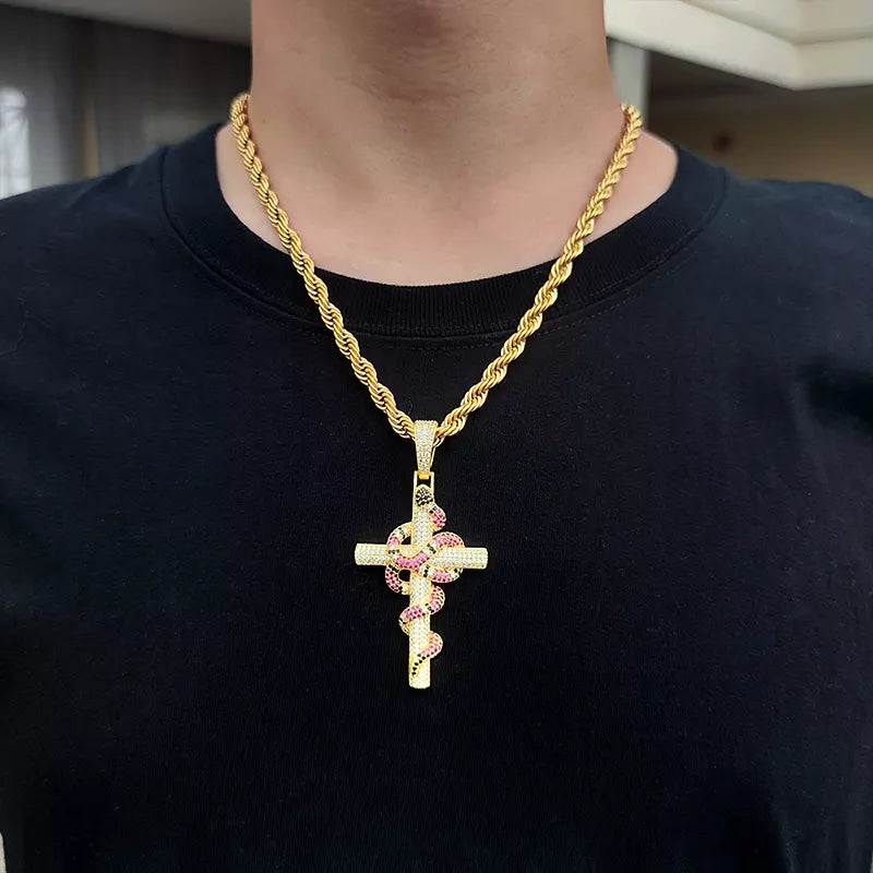 Snake Wrapped Cross Diamond Pendant