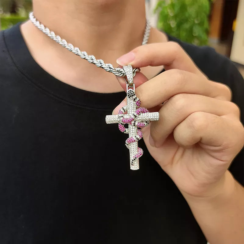 Snake Wrapped Cross Diamond Pendant